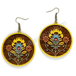 Folk Flowers Yellow - Orange, Circle Wooden Earrings