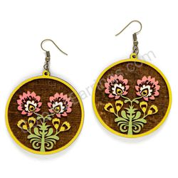 Wooden Drop Folk Earrings - Flower of Tradition Duo 1 (circular), Multicolored