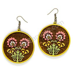 Folk Flower Yellow - Pink, Circle Wooden Earrings