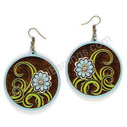 Simple Blue Flower, Circle Wooden Earrings