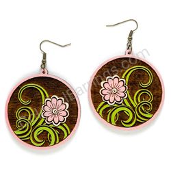 Simple Pink Flower, Circle Wooden Earrings