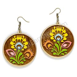 Folk Flowers Yellow - Orange - Pink, Circle Wooden Earrings