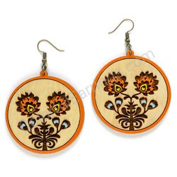 Wooden Drop Folk Earrings - Flower of Tradition Duo (circular), Orange