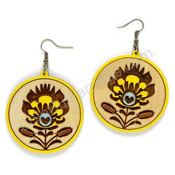 Folk Flower Natural - Yellow, Circle Wooden Earrings