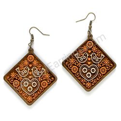 Wooden Drop Folk Earrings - Lovebirds Soulmate (diamond shape), Orange