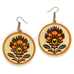 Wooden Drop Folk Earrings - Flower of Tradition (circular), Orange