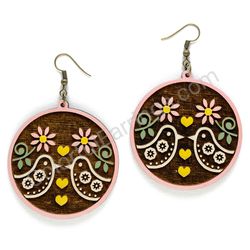 Folk Half Bird With Gears Pink - White, Circle Wooden Earrings
