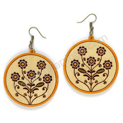 Folk Flower Natural - Orange Style III, Circle Wooden Earrings
