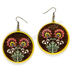 Folk Flower Yellow - Red, Circle Wooden Earrings