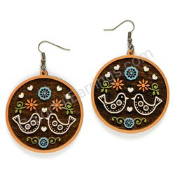 Folk Birds In Love Orange - White, Circle Wooden Earrings