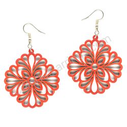 Wooden Drop Lace Earrings - Floral Touch (diamond-shaped), Red 1