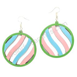 Geometry Wave Blue - Pink - Green, Circle Wooden Earrings