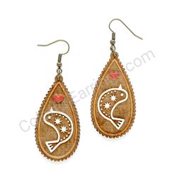 Folk Bird White - Red Taller, Teardrop Wooden Earrings