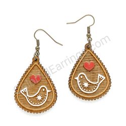 Folk Bird White - Red, Teardrop Wooden Earrings