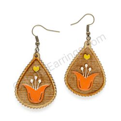 Folk Tulip Orange, Teardrop Wooden Earrings