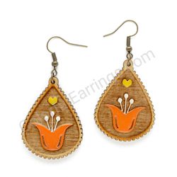 Wooden Drop Folk Earrings - Tulip Love (teardrop, wide), Orange