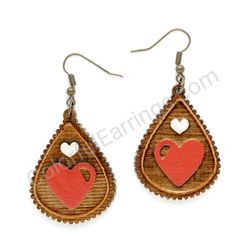 Folk Hearts Red - White, Teardrop Wooden Earrings