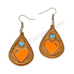 Folk Hearts Orange - Blue, Teardrop Wooden Earrings