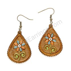 Folk Flower Orange - Blue, Teardrop Wooden Earrings