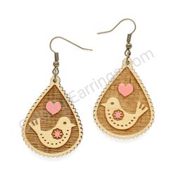 Folk Bird Natural - Pink, Teardrop Wooden Earrings