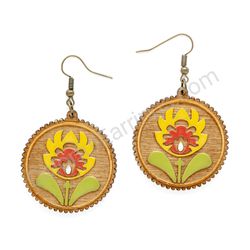 Folk Flower Yellow - Red, Medium Size, Circle Wooden Earrings