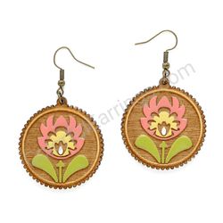 Folk Flower Pink - Yellow, Medium Size, Circle Wooden Earrings