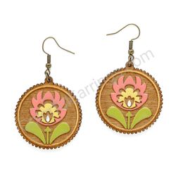 Wooden Drop Folk Earrings - Flower of Tradition (circular), Pink