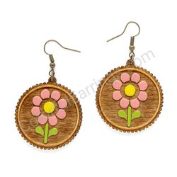 Folk Field Flower Pink - Yellow, Medium Size, Circle Wooden Earrings