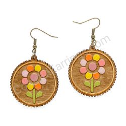 Folk Field Flower Colorful, Medium Size, Circle Wooden Earrings