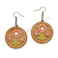 Folk Field Flowers Pink - White, Medium Size, Circle Wooden Earrings