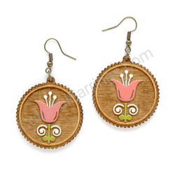 Folk Tulip Pink - White, Medium Size, Circle Wooden Earrings