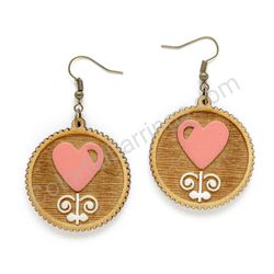 Folk Heart Pink - White, Medium Size, Circle Wooden Earrings