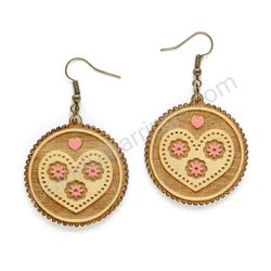 Folk Heart Natural- Pink, Medium Size, Circle Wooden Earrings