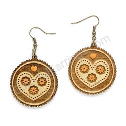 Wooden Drop Folk Earrings - Heart of Stars (circular), Orange
