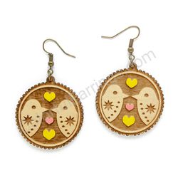 Wooden Drop Folk Earrings - Lovebirds Soulmate Partial (circular), Yellow