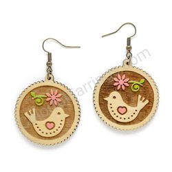 Wooden Drop Folk Earrings - Lovebird Bloom (circular), Pink