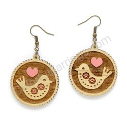 Wooden Drop Folk Earrings - Starbird Love (circular), Pink