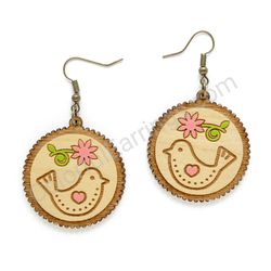 Wooden Drop Folk Earrings - Lovebird Bloom 2 (circular), Pink