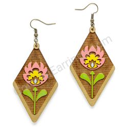 Wooden Drop Folk Earrings - Flower of Tradition (diamond shape), Multicolored