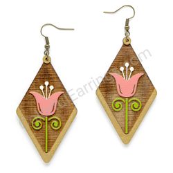 Wooden Drop Folk Earrings - Tulip (diamond shape), Pink