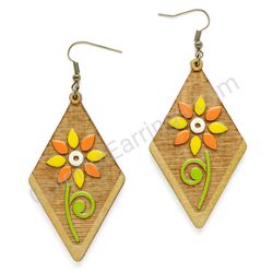 Wooden Drop Folk Earrings - Sharp Blossom (diamond shape), Multicolored