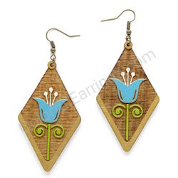 Folk Tulip Blue, Diamond Drop Wooden Earrings