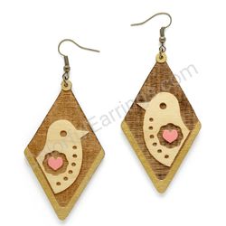 Wooden Drop Folk Earrings - Lovebird (diamond shape), Pink