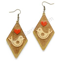 Wooden Drop Folk Earrings - Starbird Love (diamond shape), Red
