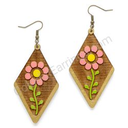 Wooden Drop Sold out Earrings - Meadow Flower (diamond shape), Multicolored