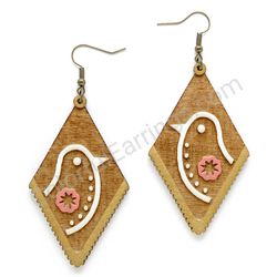 Wooden Drop Folk Earrings - Starbird Lineart (diamond shape), Pink