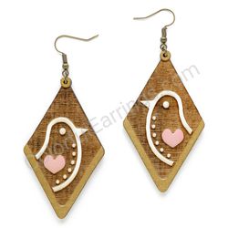 Wooden Drop Folk Earrings - Lovebird Lineart (diamond shape), White