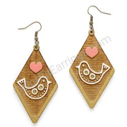 Wooden Drop Folk Earrings - StarbStarbird Loverd Lineart (diamond shape), White