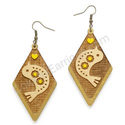 Wooden Drop Folk Earrings - Starbird Love (diamond shape), Yellow