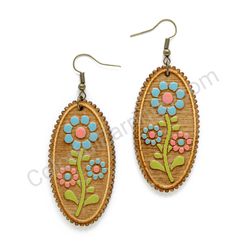 Wooden Drop Folk Earrings - Meadow Flower Trio (oval), Multicolored